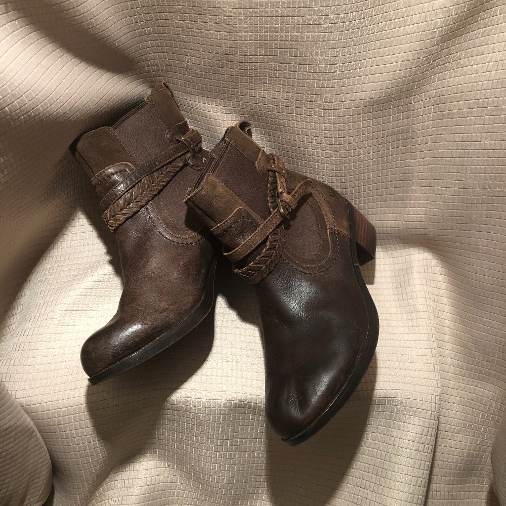 Ugg Brown Leather Ankle Double Belted Booties, 8